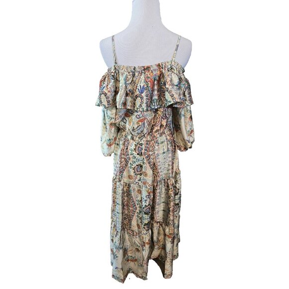 Umgee off the Shoulder 3/4 sleeve tiered vibrant print midi dress size M New - Picture 4 of 16